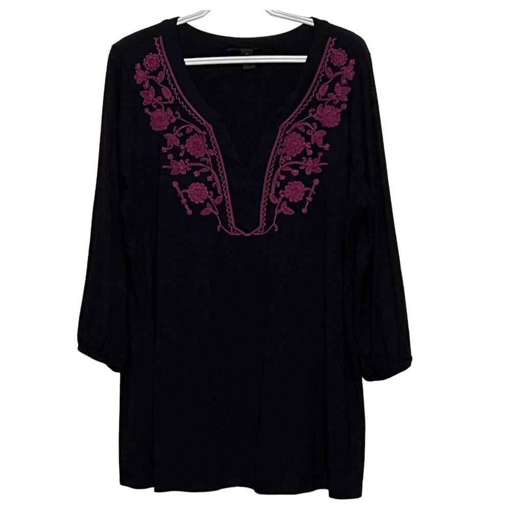 INC International Concepts Women's‎ Black Purple Embroidered V-Neck Top Size 2X